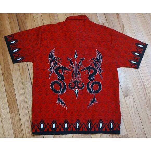 Men's Sapphire Lounge Shirt Dragon Red Black Button up Short Sleeve - Large - Picture 5 of 5